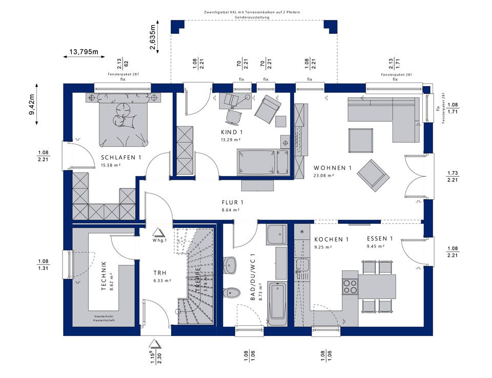 Fertighaus CELEBRATION 211 V3 von Bien-Zenker Schlüsselfertig ab 552266€, Satteldach-Klassiker Grundriss 1