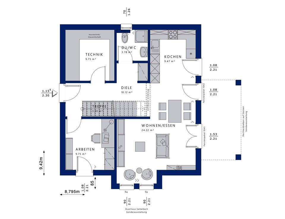 Fertighaus EVOLUTION 136 V2 von Bien-Zenker Schlüsselfertig ab 362131€, Satteldach-Klassiker Grundriss 1