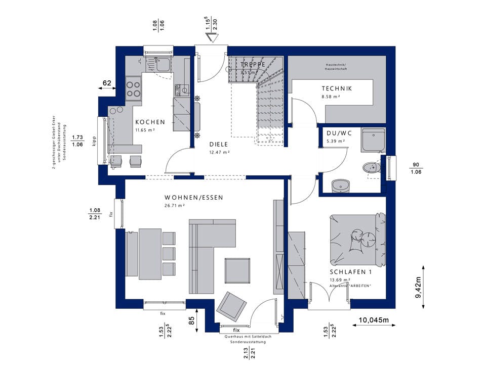 Fertighaus EVOLUTION 152 V4 von Bien-Zenker Schlüsselfertig ab 393800€, Satteldach-Klassiker Grundriss 1