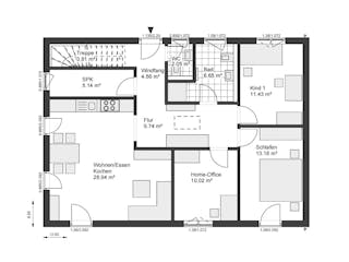 Fertighaus White&Black Bungalow 95 von WHITE&BLACK Fertighäuser Ausbauhaus ab 152450€, Satteldach-Klassiker Grundriss 1