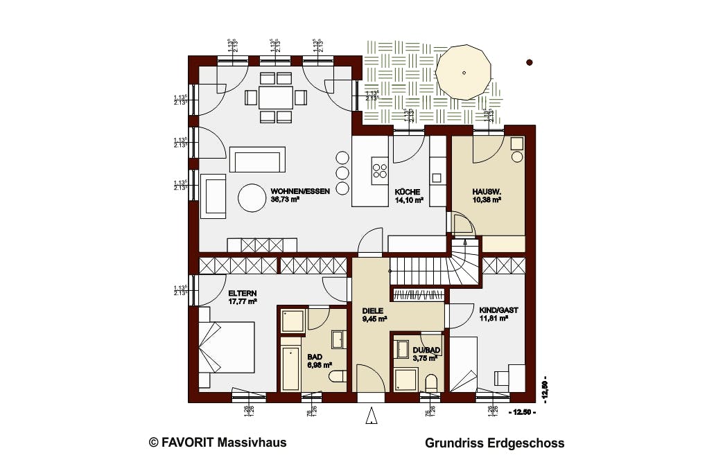 Massivhaus Chalet 115 von FAVORIT Massivhaus Schlüsselfertig ab 392250€, Bungalow Grundriss 1