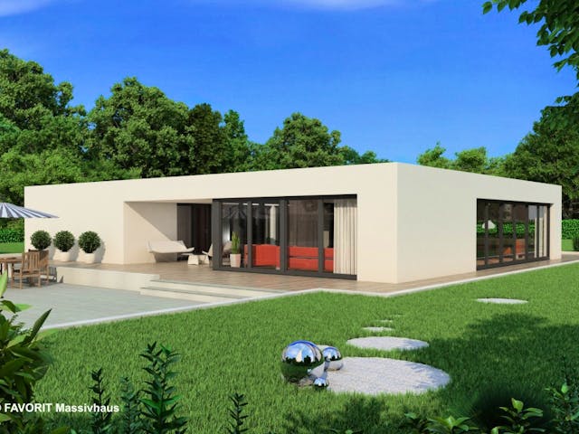 Massivhaus Chalet 153 von FAVORIT Massivhaus Schlüsselfertig ab 436680€, Bungalow Außenansicht 1 Massivhaus Chalet 153 von FAVORIT Massivhaus Schlüsselfertig ab 436680€, Bungalow Außenansicht 1