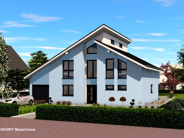 Massivhaus Creativ Sun 183 von FAVORIT Massivhaus Schlüsselfertig ab 506410€, Pultdachhaus Außenansicht 2