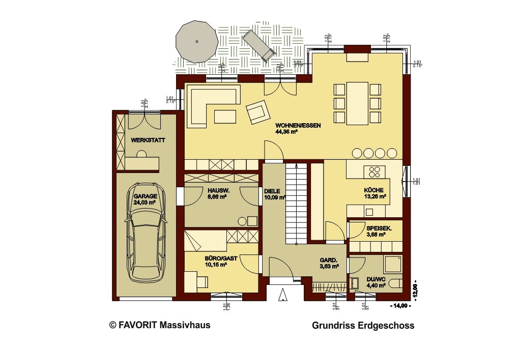 Massivhaus Creativ Sun 183 von FAVORIT Massivhaus Schlüsselfertig ab 506410€, Pultdachhaus Grundriss 1