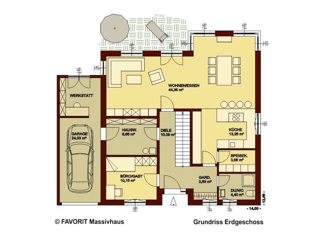 Massivhaus Creativ Sun 183 von FAVORIT Massivhaus Schlüsselfertig ab 506410€, Pultdachhaus Grundriss 1