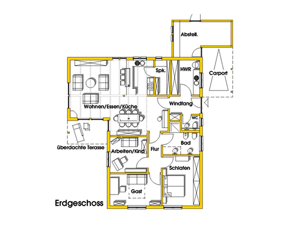 Fertighaus Rosi (KfW-Effizienzhaus 40 EE) von Dammann-Haus Schlüsselfertig ab 362500€, Bungalow Grundriss 1