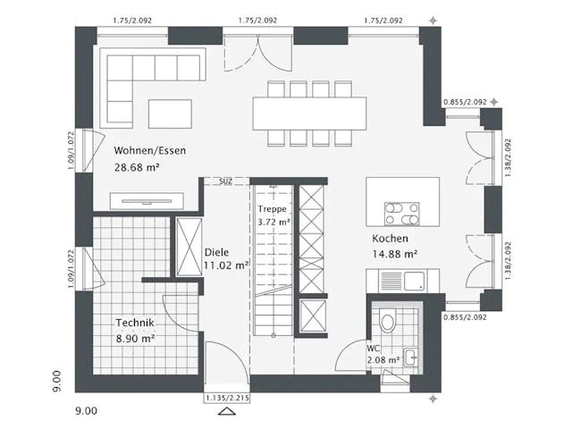 Fertighaus Dreamline-E-125 E4 von Danhaus Deutschland Schlüsselfertig ab 366998€, Satteldach-Klassiker Grundriss 1