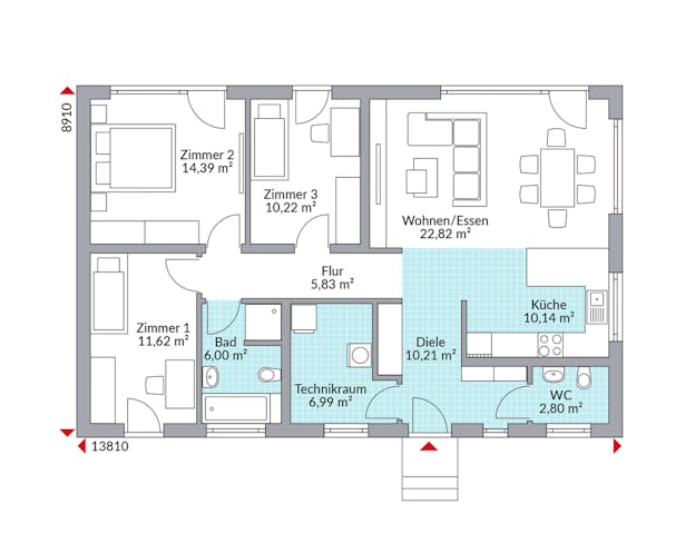 Grundrisse-Idee für einen 100 qm Bungalow mit 4 Zimmern