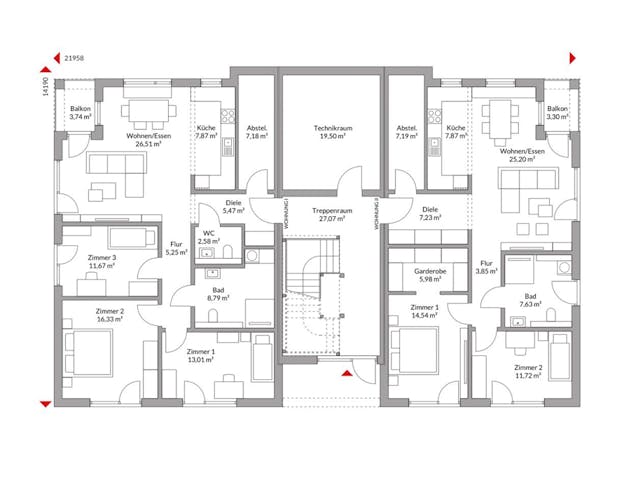 Fertighaus Poly 736 W6 SD von Danwood, Satteldach-Klassiker Grundriss 1