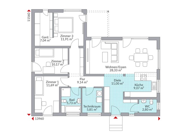 Fertighaus Perfect 113 von Danwood Schlüsselfertig ab 284600€, Bungalow Grundriss 1