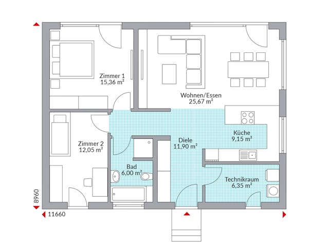Fertighaus Perfect 86 von Danwood Schlüsselfertig ab 214500€, Bungalow Grundriss 1