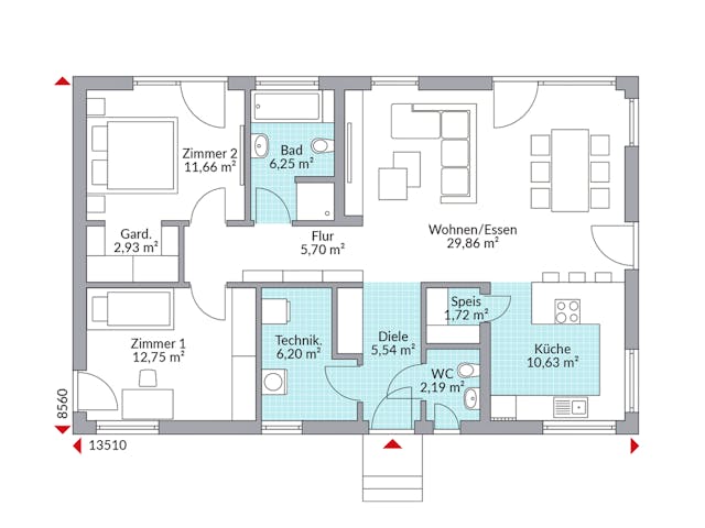 Fertighaus Perfect 95 von Danwood Schlüsselfertig ab 236200€, Bungalow Grundriss 1