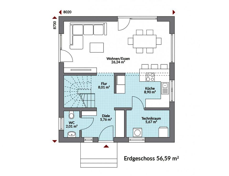 Fertighaus Point 110 von Danwood Schlüsselfertig ab 209300€, Satteldach-Klassiker Grundriss 1