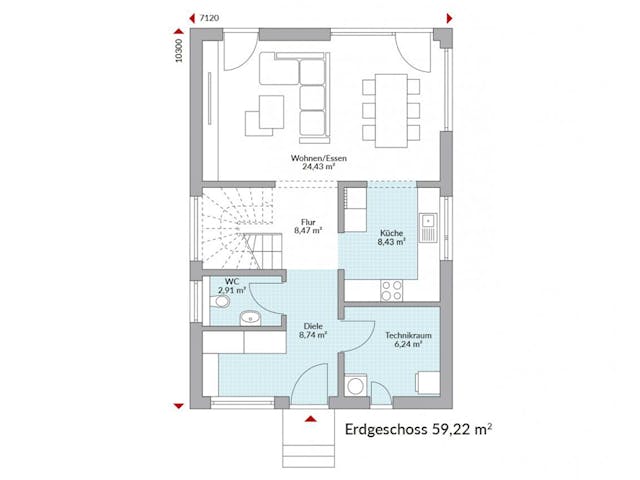 Fertighaus Point 116 von Danwood Schlüsselfertig ab 270000€, Satteldach-Klassiker Grundriss 1