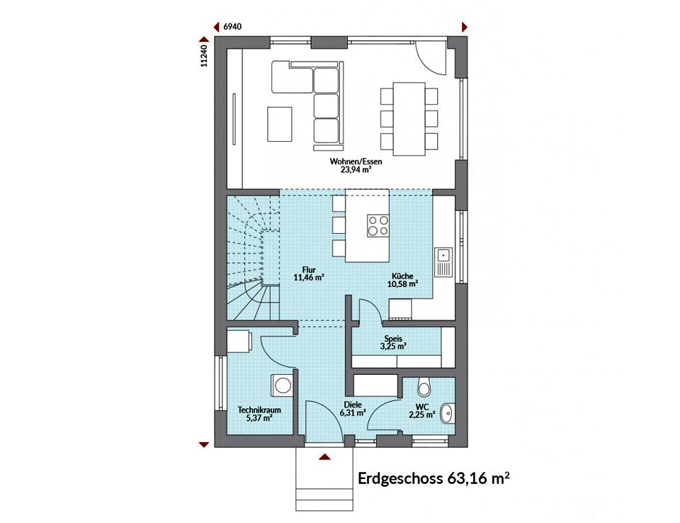 Fertighaus Point 124 von Danwood Schlüsselfertig ab 232400€, Satteldach-Klassiker Grundriss 1