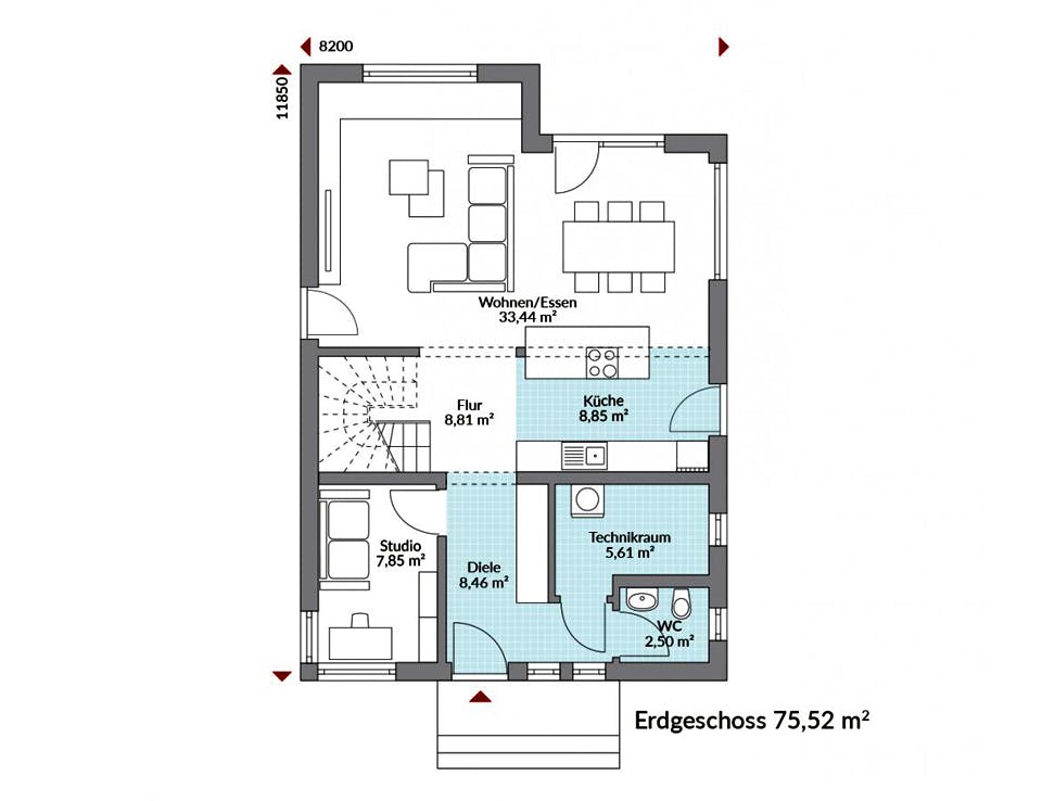 Fertighaus Point 143 von Danwood Schlüsselfertig ab 263100€, Satteldach-Klassiker Grundriss 1