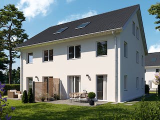 Massivhaus ICON S Doppelhaushälfte mit Satteldach von Dennert Massivhaus Ausbauhaus ab 234250€, Außenansicht 1