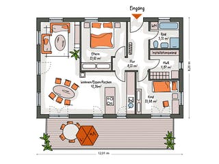 Massivhaus ICON Bungalow von Dennert Massivhaus Ausbauhaus ab 219870€, Bungalow Grundriss 1