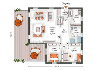 Massivhaus ICON Winkelbungalow von Dennert Massivhaus Ausbauhaus ab 270370€, Bungalow Grundriss 2