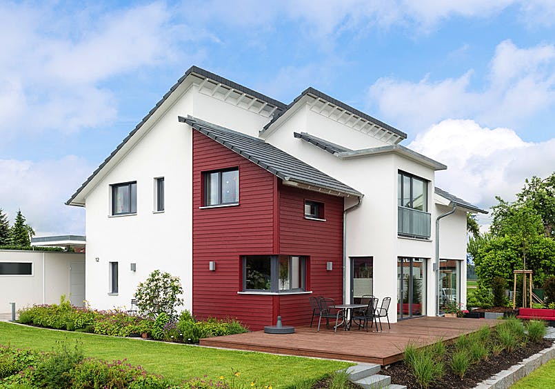 Blockhaus D183 Eisele von Frammelsberger R. Ingenieur-Holzbau, Pultdachhaus Außenansicht 1