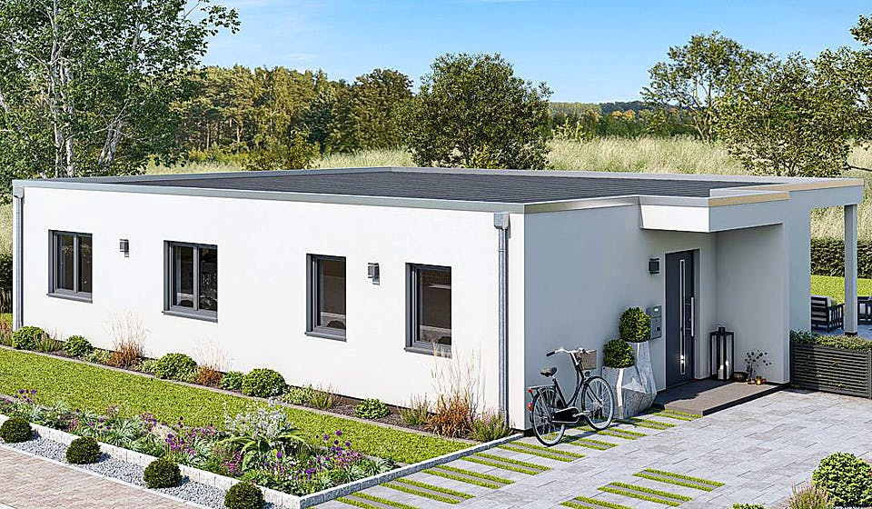 Fertighaus BUNGALOW F88-130 Var. Putz von EBH Haus Schlüsselfertig ab 267100€, Satteldach-Klassiker Außenansicht 2