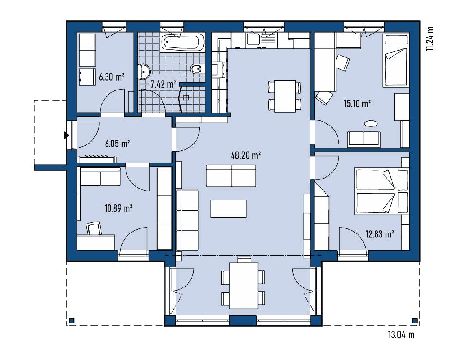 Fertighaus BUNGALOW F88-130 Var. Putz von EBH Haus Schlüsselfertig ab 267100€, Satteldach-Klassiker Grundriss 1