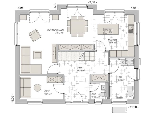 Massivhaus Giebelhaus 170 von ECO System HAUS Schlüsselfertig ab 366000€, Satteldach-Klassiker Grundriss 1