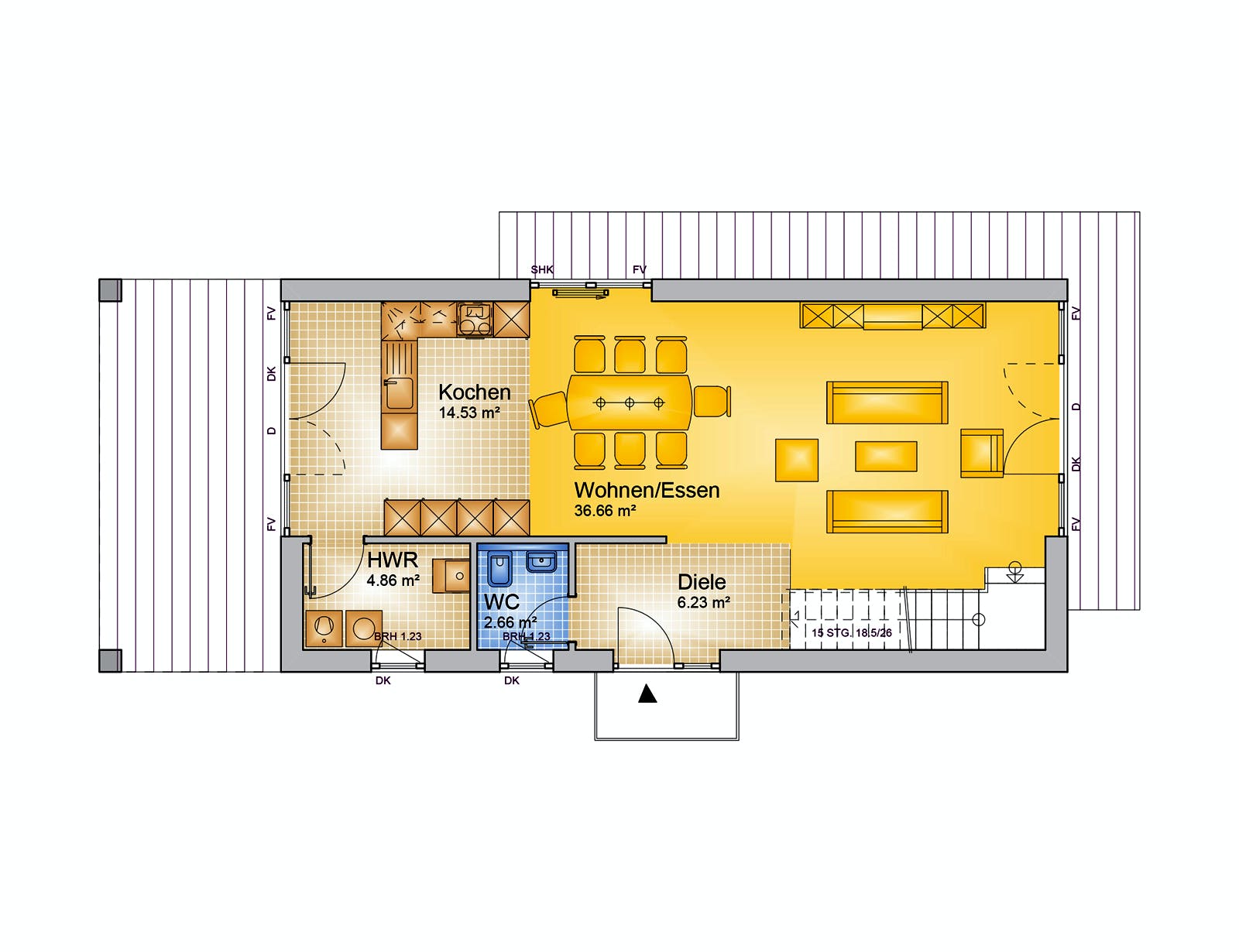 Fertighaus EXU - 136-P von Erkens Holztechnik Ausbauhaus ab 235000€, Pultdachhaus Grundriss 1