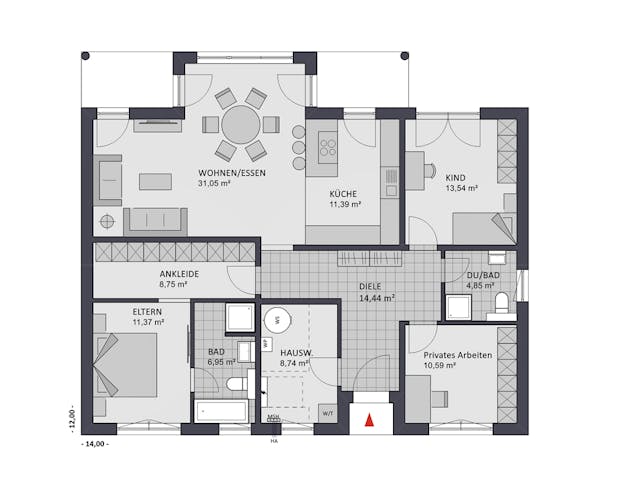 Grundrisse-Idee für einen 120 qm Bungalow mit 4 Zimmern