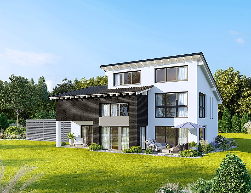 Massivhaus Creativ Sun 211 edition von FAVORIT Massivhaus Schlüsselfertig ab 515850€, Pultdachhaus Außenansicht 1