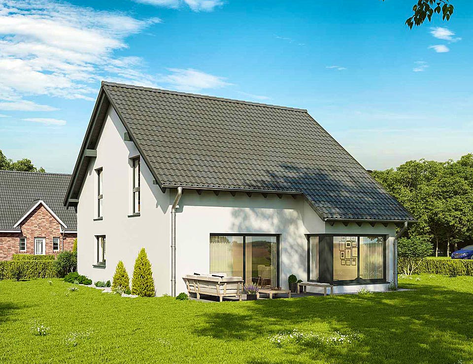 Massivhaus Noblesse 142 editon von FAVORIT Massivhaus Schlüsselfertig ab 333990€, Satteldach-Klassiker Außenansicht 1