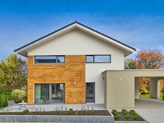 Fertighaus MH Poing - Balance von Fertighaus WEISS Schlüsselfertig ab 547801€, Satteldach-Klassiker Außenansicht 2