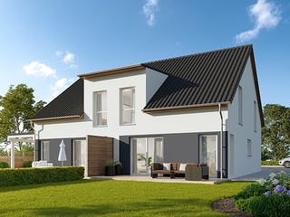 Massivhaus Doppelhaushälfte Fulda von FIBAV Massivhaus, Satteldach-Klassiker Außenansicht 1