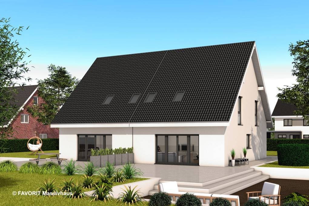 Massivhaus Finesse 129 von FAVORIT Massivhaus Schlüsselfertig ab 318520€, Satteldach-Klassiker Außenansicht 1
