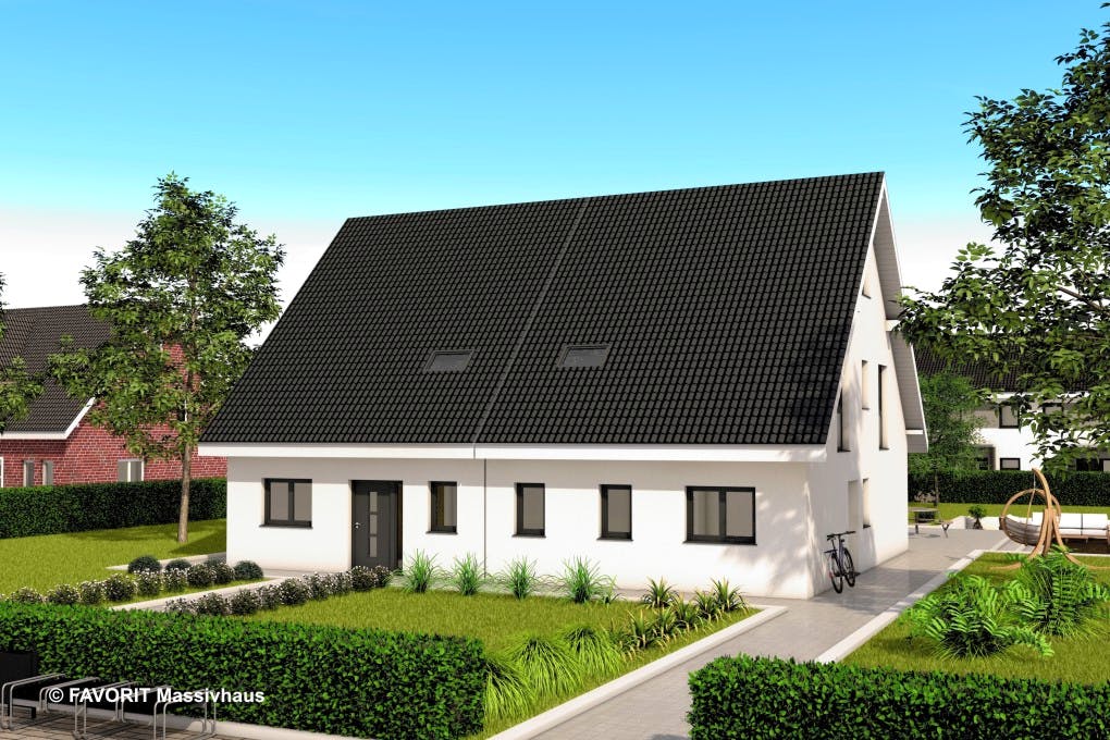 Massivhaus Finesse 129 von FAVORIT Massivhaus Schlüsselfertig ab 318520€, Satteldach-Klassiker Außenansicht 2