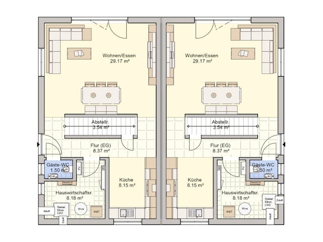 Fertighaus Doppelhaus Duett 114 von FINGERHUT HAUS Zwei- & Mehrfamilienhäuser Schlüsselfertig ab 370058€, Grundriss 1