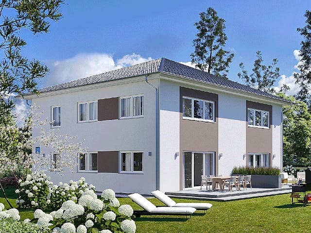 Fertighaus Doppelhaus Duett 125 von FINGERHUT HAUS Zwei- & Mehrfamilienhäuser Schlüsselfertig ab 395584€, Außenansicht 1