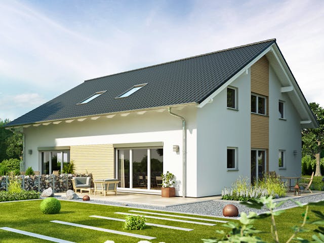 Fertighaus Gemello SD 131 von Büdenbender Hausbau Schlüsselfertig ab 432800€, Satteldach-Klassiker Außenansicht 1