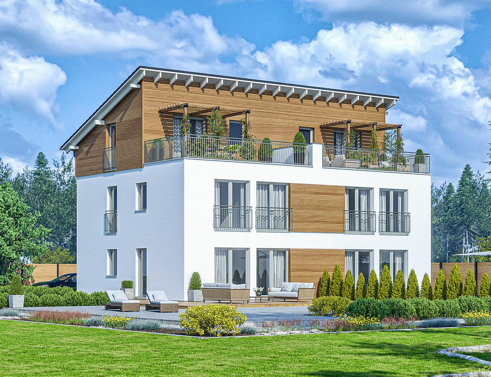 Fertighaus Haas D 112 A von Haas Fertigbau - Mehrfamilienhäuser Schlüsselfertig ab 362000€, Pultdachhaus Außenansicht 1