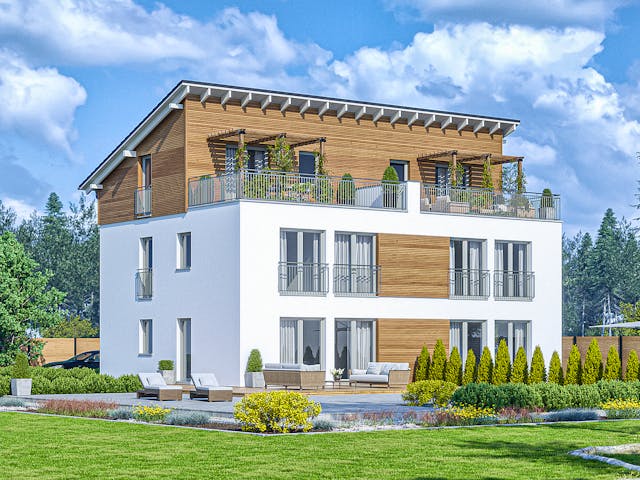 Fertighaus Haas D 112 A von Haas Fertigbau - Mehrfamilienhäuser Schlüsselfertig ab 362000€, Pultdachhaus Außenansicht 1