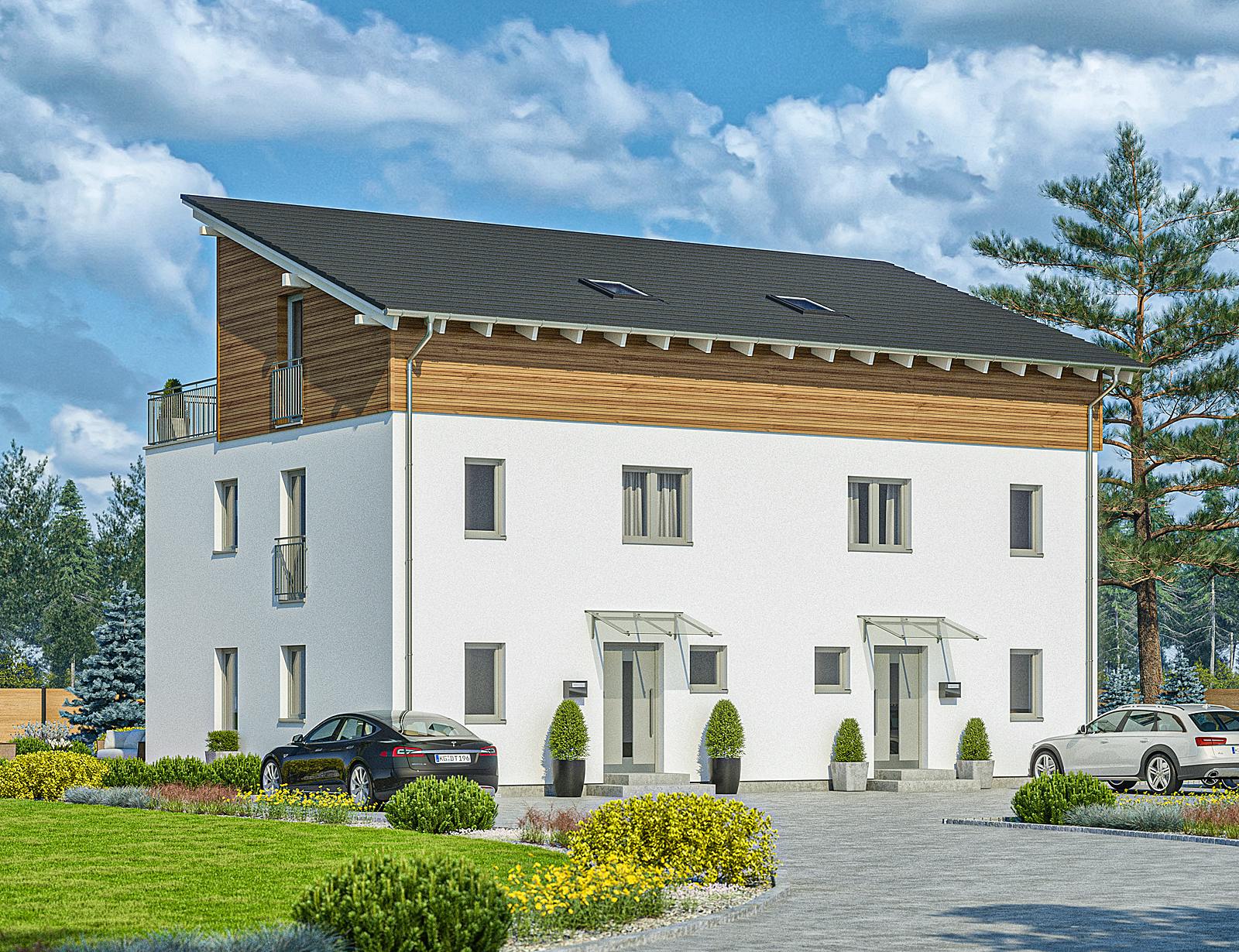 Fertighaus Haas D 112 A von Haas Fertigbau - Mehrfamilienhäuser Schlüsselfertig ab 362000€, Pultdachhaus Außenansicht 2