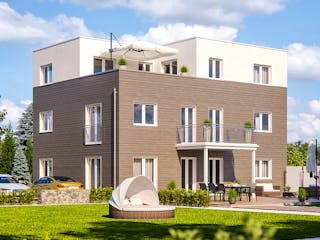 Fertighaus Haas Mehrfamilienhaus mit 3 Wohneinheiten und Flachdach Außenansicht 1