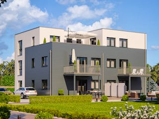 Fertighaus Haas Mehrfamilienhaus mit 5 Wohneinheiten und Flachdach Außenansicht 1