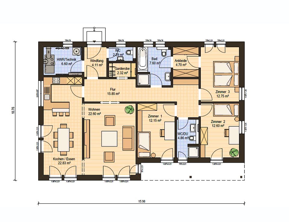 Fertighaus Haas B 131 von Haas Fertigbau Ausbauhaus ab 257000€, Bungalow Grundriss 1