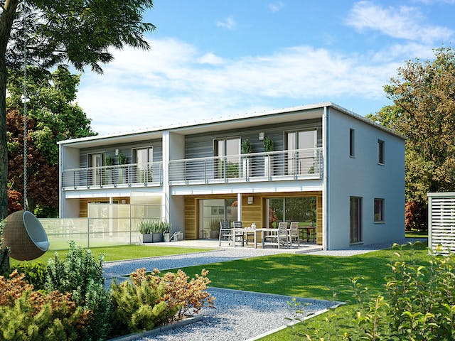 Fertighaus Doppelhaus 135 von Hanse Haus Schlüsselfertig ab 398782€, Cubushaus Außenansicht 1