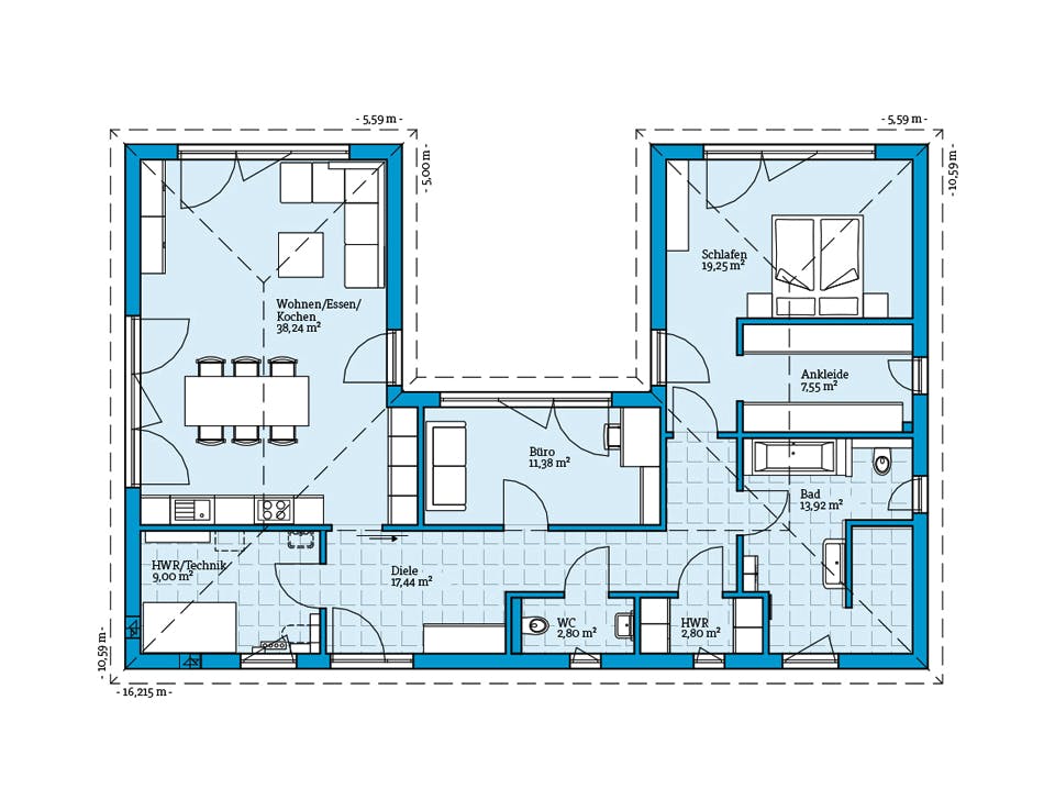 Fertighaus Bungalow 123 von Hanse Haus Schlüsselfertig ab 417873€, Bungalow Grundriss 1