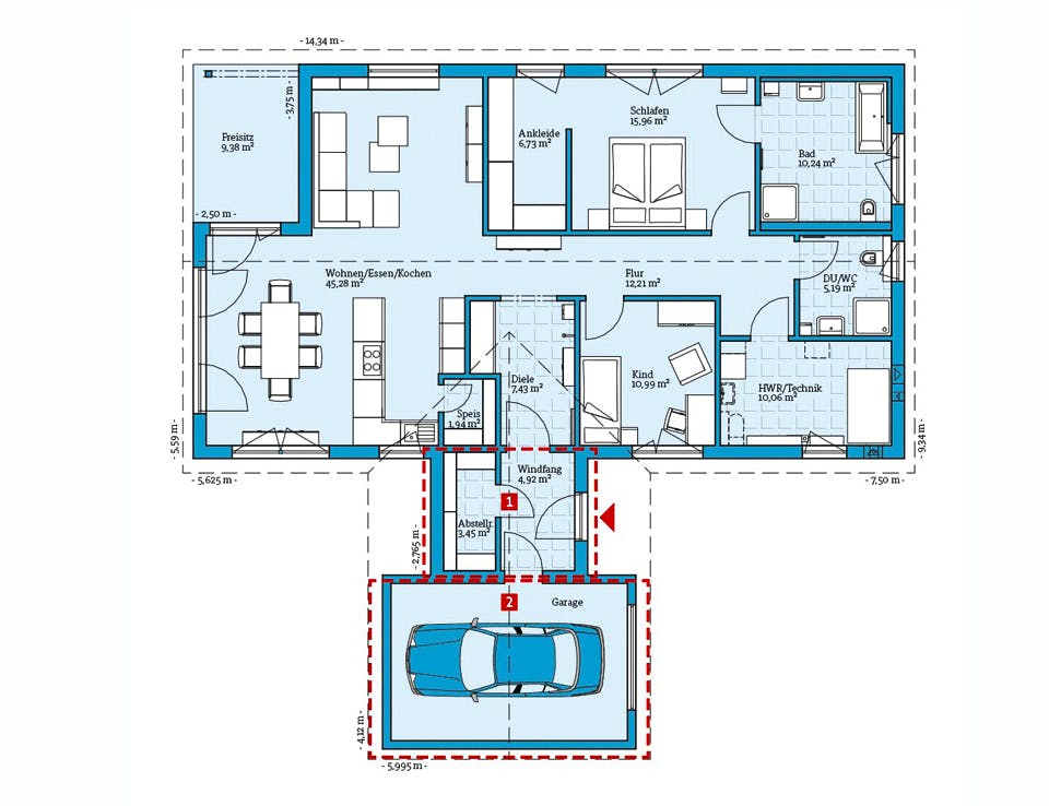Fertighaus Bungalow 127 von Hanse Haus Schlüsselfertig ab 390951€, Bungalow Grundriss 1
