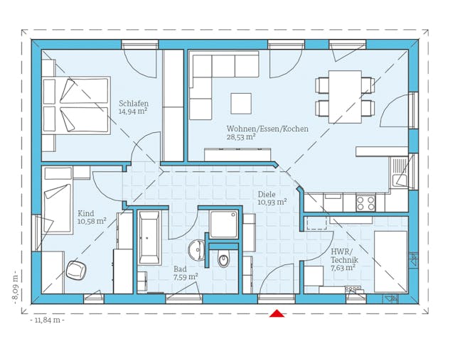 Fertighaus Bungalow 80 von Hanse Haus Schlüsselfertig ab 305019€, Bungalow Grundriss 1