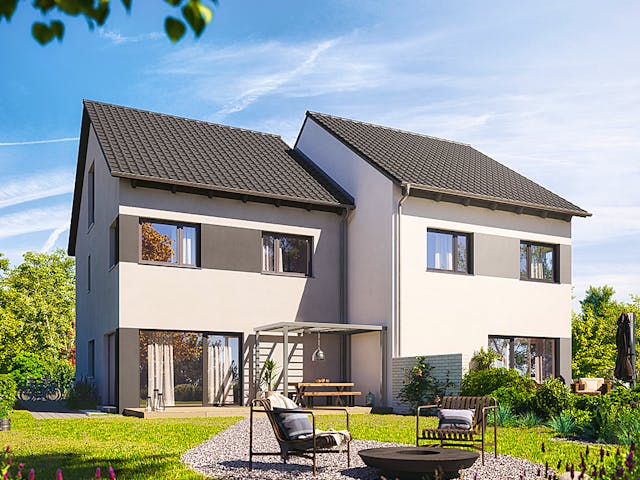 Fertighaus Doppelhaus 164 von Hanse Haus Schlüsselfertig ab 457474€, Satteldach-Klassiker Außenansicht 1