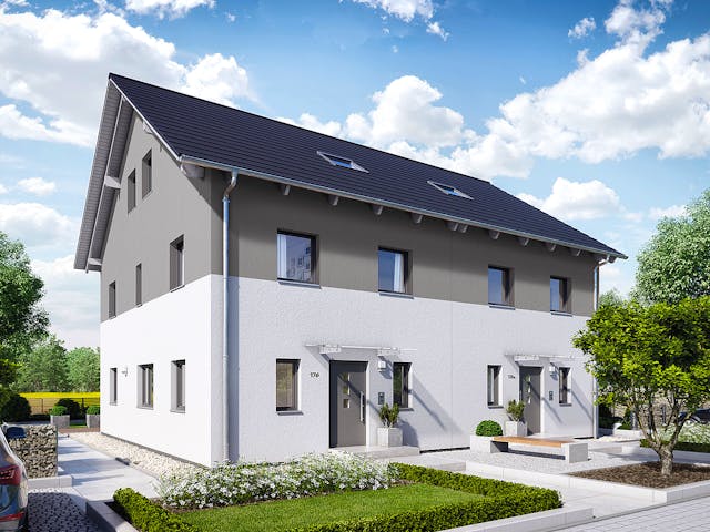 Fertighaus Doppelhaus 176 von Hanse Haus Schlüsselfertig ab 470703€, Satteldach-Klassiker Außenansicht 1